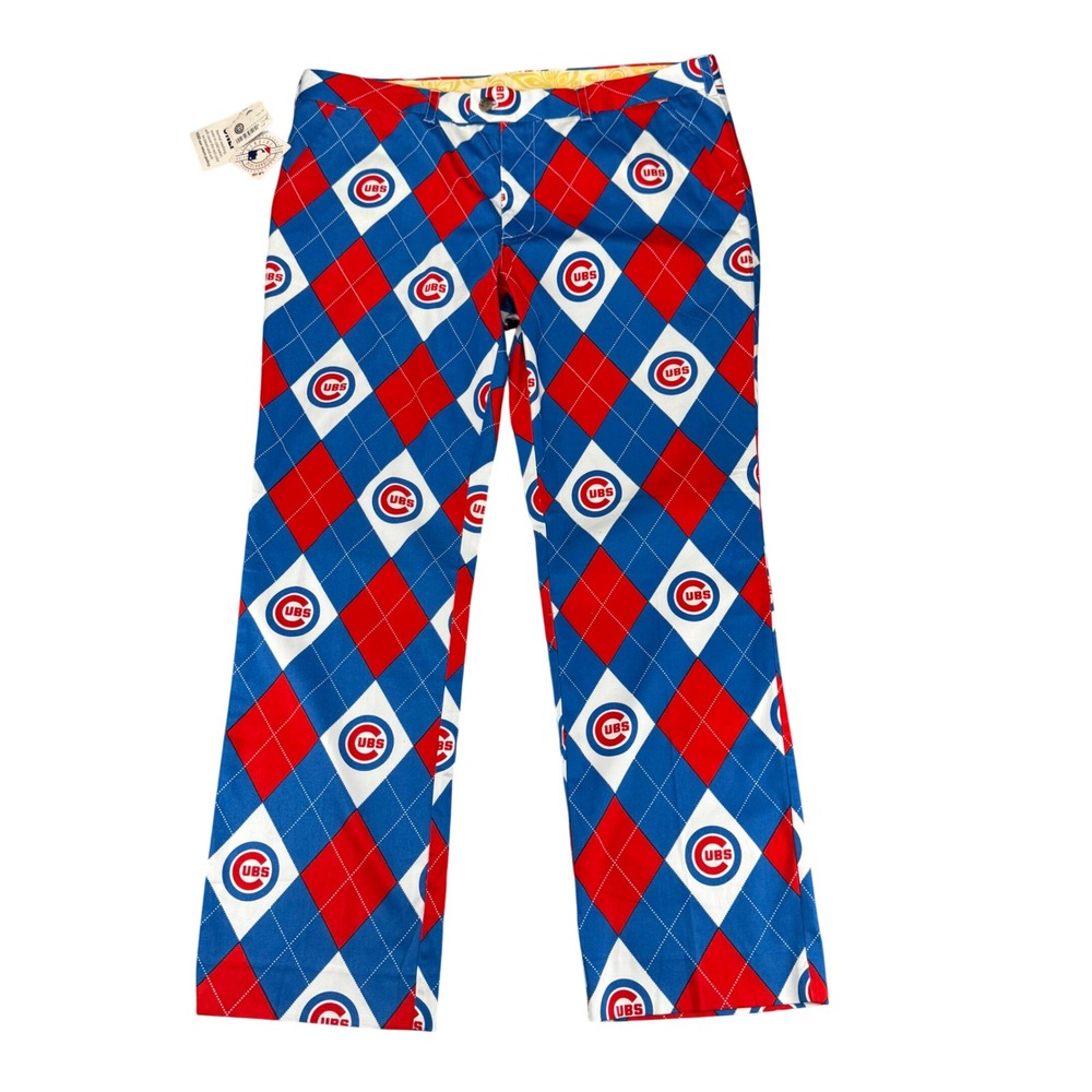 Loudmouth Chicago Cubs MLB Argyle Golf Pants Mens 40x32 Red Blue White Logo New